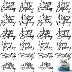 Barydat 24 Pieces Black Gold Happy Birthday Cake Toppers Mirror Acrylic Cupcake Topper Happy Birthday Sign for Cake Side Cupcake Decorations, 6 Styles