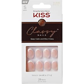 KISS Classy French Nail Manicure Kit with Gel Finish, Medium, Coffin Shaped, Includes Pink Nail Glue (Net Wt. 2 g / 0.07oz.), Mini Nail File, Manicure Stick, and 28 Fake Nails, 'Cozy Meets Cute', 28 Count