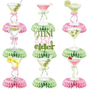 NANAGALI 9PCS Martini Bow Birthday Party Decorations, Pink Green Glitter A Tini Older Honeycomb Centerpieces for Women Girls Trendy Martini Themed Birthday Bridal Shower Party Decor