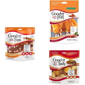 Good'n'fun Combo Pack Triple Flavor Rawhide Kabobs 24oz ، Good 'N' Fun Triple Flavor Wings 4oz & Good 'N' Tasty Percy Chips 10 Oz