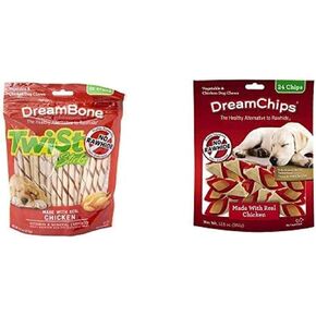 Dreambone Twist Sticks & Chips ، مضغ خالي من الجلود للكلاب ، مع دجاج حقيقي