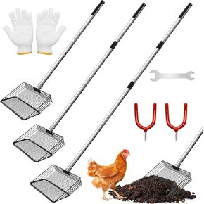 3 in 1 Metal Chicken Poop Scooper 10'' Wide, 61'' Long Adjustable Chicken Coop Pooper Scoop Sifting Shovel Litter for Poultry Litter Scooper Supplies (34-61 in)