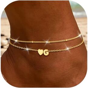 Initial Heart Gold Ankle Bracelets for Women Trendy 14K Gold Plated Dainty Layered Letter A-Z Heart Charm Anklets Set Non Tarnish Adjustable Anklet Handmade Waterproof for Summer Beach Foot Jewelry