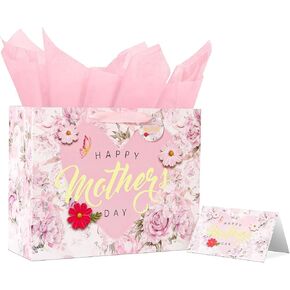 souloduce 13" Mother’s Day Gift Bag Set with Card & Tissue, for Moms, Grandmas, Nanas - Floral & Gold Foil ‘Happy Mother’s Day’ (1 Pack)