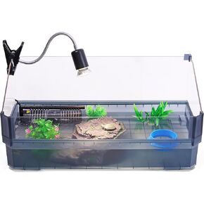 Small Turtle Tank Kit for Aquatic Turtles – Complete Starter Habitat with Filter, UVB Lamp, Basking Platform, Plants – Turtle Aquarium Kit (Black)