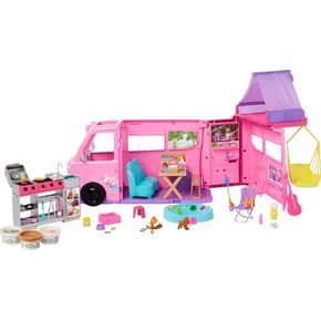 Barbie Dream Camper Playset with Roof Tent, Swing Chair, Fishing Pond, BBQ Grill with Color-Change Feature & 60+ Accessories Including Dough