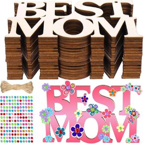 BABORUI Mothers Day Gifts Bulk with Rhinestone Stickers, 24Pcs Unfinished Wood Mothers Day Crafts for Kids Painting Classroom, Wooden Letters Ornaments for Mother's Day Decorations