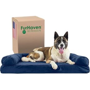سرير الكلب في Furhaven Memory Foam للكلاب الكبيرة مع مدافع قابلة للإزالة وغطاء قابل للغسل ، للكلاب التي يصل إلى 95 رطلاً - أريكة مبطن - البحرية (الأزرق) ، Jumbo/ XL