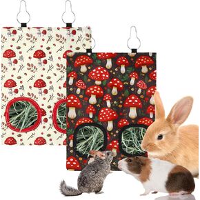 2Pcs Rabbit Hay Feeder Bag with 2 Holes Black Beige Mushroom Guinea Pig Hanging Hay Feeding Bag Storage Dispenser for Chinchilla Hamster Bunny Small Animal Pet
