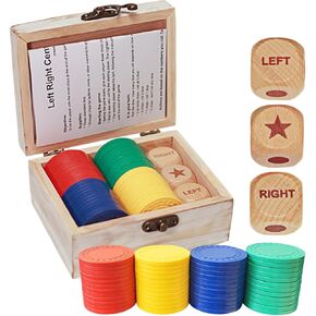 Left Right Center Dice Game Set, 3 1-inch Wood Dice and 48 Thicker Chips in Wooden Storage Box, Portable Travel Dice Games for Family & Friends, Black