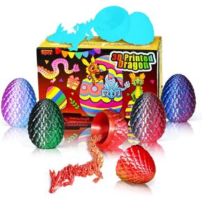 6PCS Mini 3D Printed Easter Dragon Eggs with 3D Printed Dragon Inside, Micro Easter Basket Stuffers Mini Dragon Egg Set Articulated Crystal Dragon Fidget Toy for Adults Teens