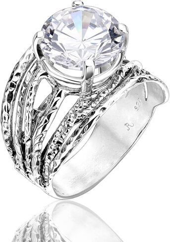 Jean Rachel Jewelry 925 Sterling Silver Ring - Wrap Vintage Design with Prong Round Round Cubic Zirconia - Hypoallergenic ، Lead & Nickel Free - Artisan Ditched Rings for Women in Kuwait