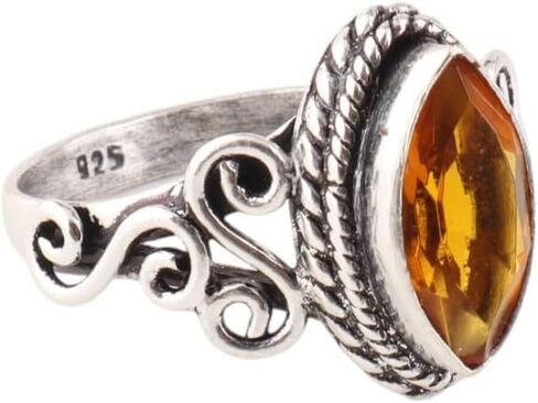 Gemstone Citrine Natural 925 Sterling Silver المصنوعة يدويًا الحجم الحجم 6 ، حلقة السترين الفضية الصلبة ، حلقة بوهو للنساء ، حلقة شكل ماركيز 6 × 12 مم ، مجوهرات الحجر المولد نوفمبر (السترين ، 6) in Kuwait