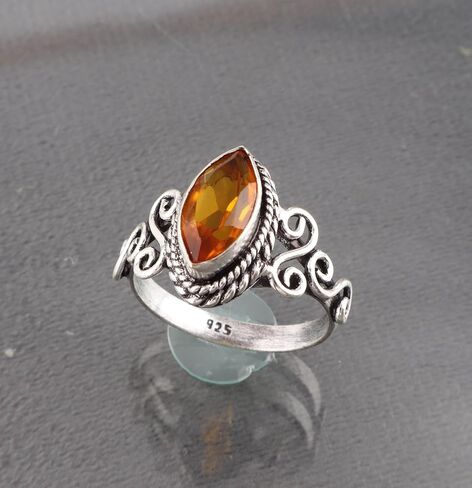 Gemstone Citrine Natural 925 Sterling Silver المصنوعة يدويًا الحجم الحجم 6 ، حلقة السترين الفضية الصلبة ، حلقة بوهو للنساء ، حلقة شكل ماركيز 6 × 12 مم ، مجوهرات الحجر المولد نوفمبر (السترين ، 6) in Kuwait