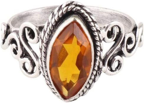 Gemstone Citrine Natural 925 Sterling Silver المصنوعة يدويًا الحجم الحجم 6 ، حلقة السترين الفضية الصلبة ، حلقة بوهو للنساء ، حلقة شكل ماركيز 6 × 12 مم ، مجوهرات الحجر المولد نوفمبر (السترين ، 6) in Kuwait