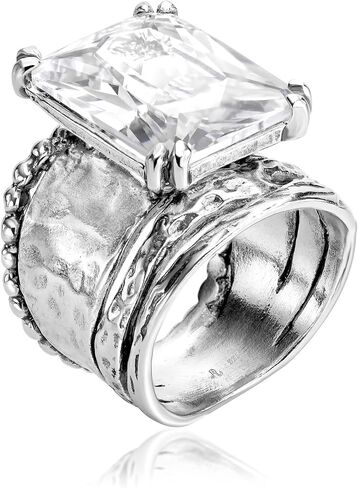 JEAN RACHEL JEWELRY 925 Sterling Silver Ring - Hammered Vintage Design with Octagon Shaped Cubic Zirconia - Hypoallergenic, Lead & Nickel Free - Artisan Handcrafted Statement Rings for Women in Kuwait