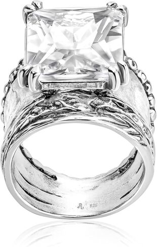 JEAN RACHEL JEWELRY 925 Sterling Silver Ring - Hammered Vintage Design with Octagon Shaped Cubic Zirconia - Hypoallergenic, Lead & Nickel Free - Artisan Handcrafted Statement Rings for Women in Kuwait