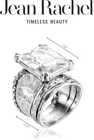 JEAN RACHEL JEWELRY 925 Sterling Silver Ring - Hammered Vintage Design with Octagon Shaped Cubic Zirconia - Hypoallergenic, Lead & Nickel Free - Artisan Handcrafted Statement Rings for Women in Kuwait