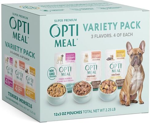 Optimeal Wet Dog Food Pouches - Variety Pack Grain Free Recipes, High Protein, Tender Morsels in Aspic Made with Natural Ingredients for Adult Dogs, Premium Nutrition - 3 oz, Pack of 12 in Kuwait