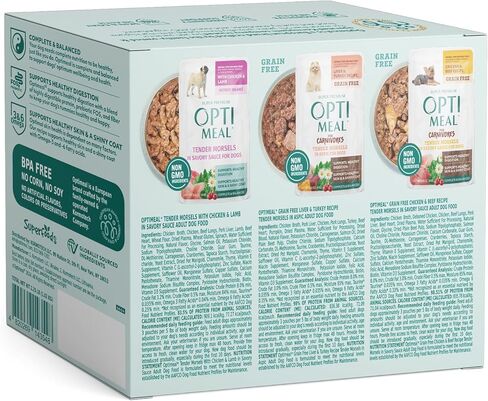 Optimeal Wet Dog Food Pouches - Variety Pack Grain Free Recipes, High Protein, Tender Morsels in Aspic Made with Natural Ingredients for Adult Dogs, Premium Nutrition - 3 oz, Pack of 12 in Kuwait