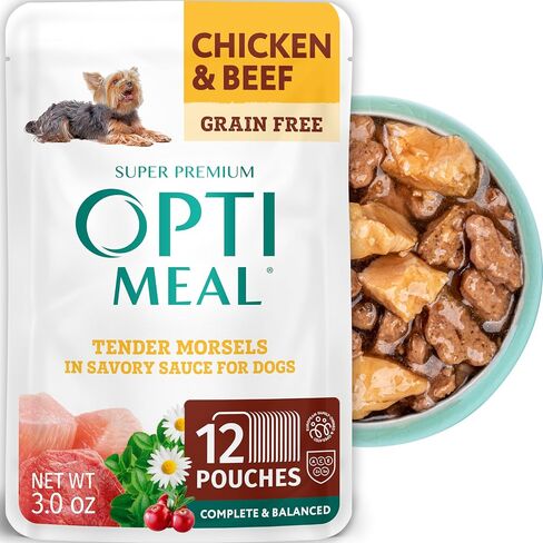 Optimeal Wet Dog Food Pouches - Variety Pack Grain Free Recipes, High Protein, Tender Morsels in Aspic Made with Natural Ingredients for Adult Dogs, Premium Nutrition - 3 oz, Pack of 12 in Saudi Arabia