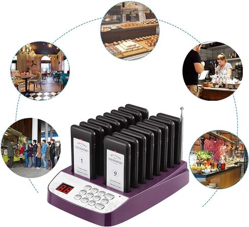 نظام Pager Restaurant ، 16 من أجهزة الاستدعاء اللاسلكية للمطاعم ، مع الاهتزاز ، وميض وجنة ، صناديق المطاعم للكنيسة ، المستشفى ، البار ، الفندق ، شاحنة (أسود) in Kuwait