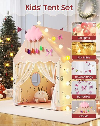 Kids Play Tent, Kids Playhouse Set with Light String, Ball Lights, Colorful Flags, Cloud, Butterfly Decoration, Tent for Kid Indoor & Outdoor, Child Tents Toddles Castle for Boys Girls in Saudi Arabia
