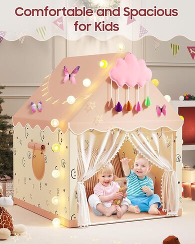 Kids Play Tent, Kids Playhouse Set with Light String, Ball Lights, Colorful Flags, Cloud, Butterfly Decoration, Tent for Kid Indoor & Outdoor, Child Tents Toddles Castle for Boys Girls in Saudi Arabia