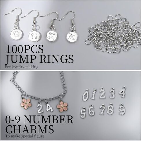 LEOBRO Letter Charms, 376 Pcs Gold Charms for Jewelry Making, Bracelet Charms, Necklace Charms, 6 Sets Gold Letter Charms with Number Charms and Jump Rings for Jewelry Making, Gold in Kuwait