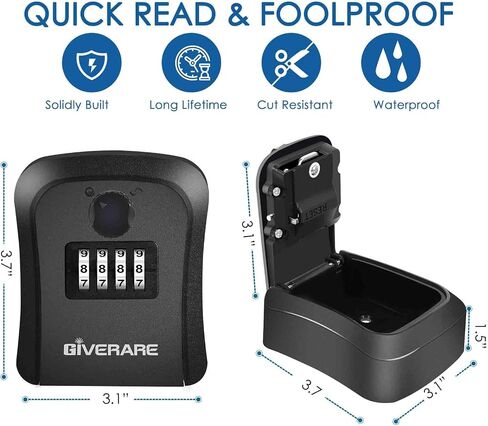 مربع قفل Giverare ، 4 أرقام مزيج Lockbox ، مقاوم للمفتاح في الهواء الطلق للماء للمنزل تخزين الحائط الحائط في الخارج ، رمز قابلة لإعادة التوطين صناديق كلمة مرور الأمان الآمن مع أدوات التثبيت الأسود in Kuwait