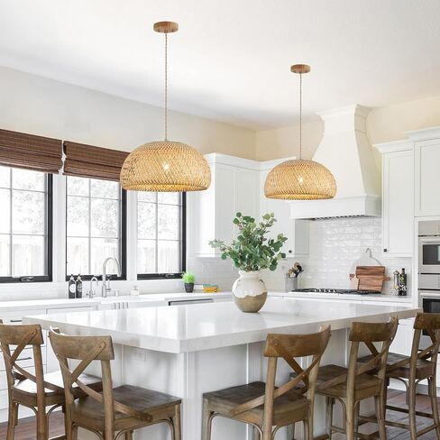 Bamboo Large Pendant Light Fixture 17.8 inch One-Light Adjustable Rustic Basket Handmade Woven Pendant Lighting for Kitchen Island Farmhouse Dining Room Living Room in Kuwait