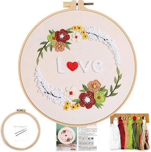 FONNUY Love Heart Crewel Embroidery Kit for Beginners, Pre-Stamped Pattern Kits for Adults with Hoop, Easy to Follow Color Thread Needlework, 8'' Hoop (Floral Heart) in Saudi Arabia