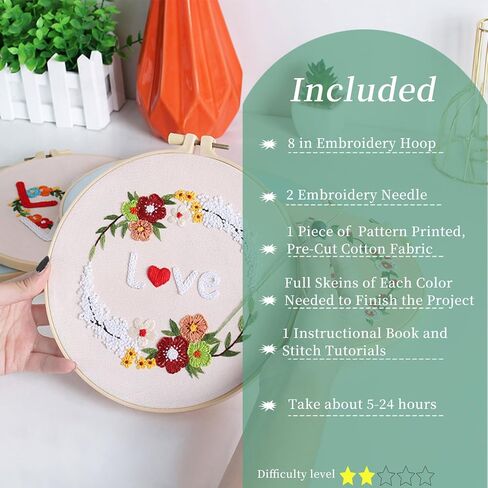 FONNUY Love Heart Crewel Embroidery Kit for Beginners, Pre-Stamped Pattern Kits for Adults with Hoop, Easy to Follow Color Thread Needlework, 8'' Hoop (Floral Heart) in Saudi Arabia