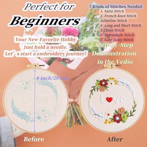 FONNUY Love Heart Crewel Embroidery Kit for Beginners, Pre-Stamped Pattern Kits for Adults with Hoop, Easy to Follow Color Thread Needlework, 8'' Hoop (Floral Heart) in Saudi Arabia