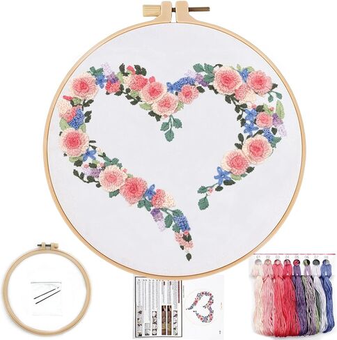 FONNUY Love Heart Crewel Embroidery Kit for Beginners, Pre-Stamped Pattern Kits for Adults with Hoop, Easy to Follow Color Thread Needlework, 8'' Hoop (Floral Heart) in Kuwait