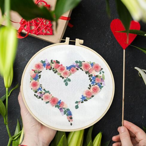 FONNUY Love Heart Crewel Embroidery Kit for Beginners, Pre-Stamped Pattern Kits for Adults with Hoop, Easy to Follow Color Thread Needlework, 8'' Hoop (Floral Heart) in Kuwait