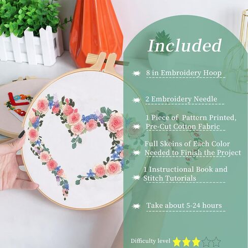 FONNUY Love Heart Crewel Embroidery Kit for Beginners, Pre-Stamped Pattern Kits for Adults with Hoop, Easy to Follow Color Thread Needlework, 8'' Hoop (Floral Heart) in Kuwait