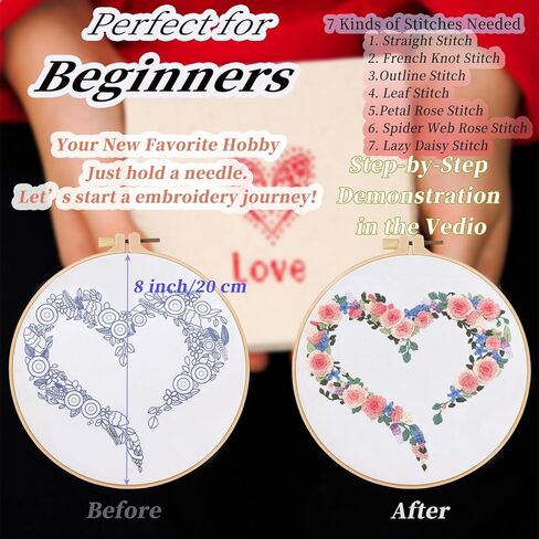 FONNUY Love Heart Crewel Embroidery Kit for Beginners, Pre-Stamped Pattern Kits for Adults with Hoop, Easy to Follow Color Thread Needlework, 8'' Hoop (Floral Heart) in Kuwait