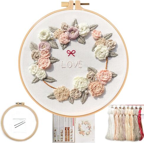 FONNUY Love Heart Crewel Embroidery Kit for Beginners, Pre-Stamped Pattern Kits for Adults with Hoop, Easy to Follow Color Thread Needlework, 8'' Hoop (Floral Heart) in Saudi Arabia