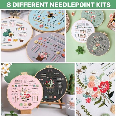 Wovnet 8 مجموعات مجموعة التطريز للمبتدئين المبتدئين مجموعات غرزة للبالغين مختومة نمط زهرة ناديات الإبرة المشاريع الفنية تشمل خيوط الأطواق القماشية للتطريز (زهرة) in Kuwait