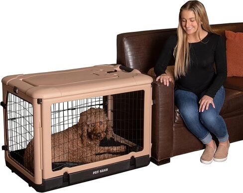 Pet Gear “The Other Door" 4 Door Steel Crate for Dogs/Cats with Garage-Style Door, Includes Plush Bed + Travel Bag, No Tools Required, Espresso in Kuwait