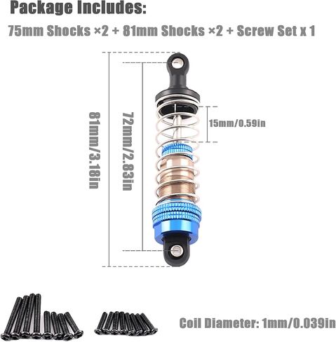 Oil-Fill Shock Absorbers for 1/14 1/16 1/12 RC Cars, 75mm Hydraulic Suspension Kit, DIY Refillable Dampers with Alloy Body, Compatible for MJX, HSP, WLtoys, SCY, FMS, Traxxas (Oil Not Included) in Saudi Arabia