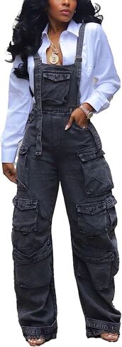 DINGANG Women's Denim Overalls Adjustable Strap Stretchy Loose Fit Jean Cargo Pants Jumpsuits with Pockets in Saudi Arabia