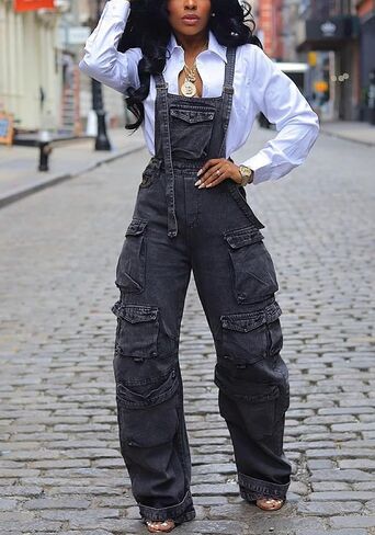 DINGANG Women's Denim Overalls Adjustable Strap Stretchy Loose Fit Jean Cargo Pants Jumpsuits with Pockets in Saudi Arabia