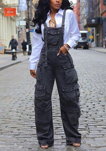 DINGANG Women's Denim Overalls Adjustable Strap Stretchy Loose Fit Jean Cargo Pants Jumpsuits with Pockets in Saudi Arabia