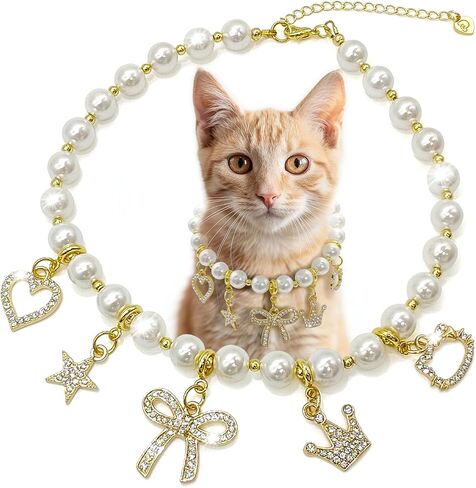 Handmade Cat,Dog Necklace Collar, Shell Pearl & 18K Gold/Platinum-Plated Necklace, 5 DIY Charms Set, Elegant Pet Jewelry, Durable & Stronger Pet Necklace (Medium, Platinum) in Saudi Arabia