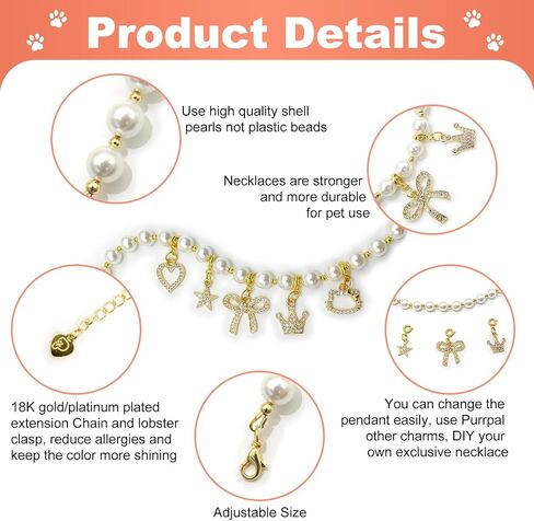 Handmade Cat,Dog Necklace Collar, Shell Pearl & 18K Gold/Platinum-Plated Necklace, 5 DIY Charms Set, Elegant Pet Jewelry, Durable & Stronger Pet Necklace (Medium, Platinum) in Saudi Arabia