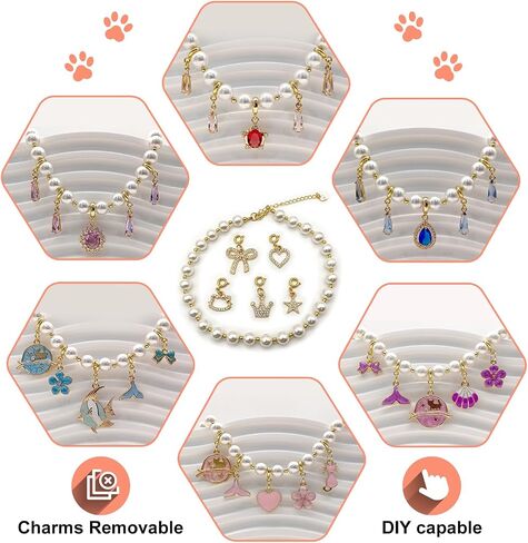Handmade Cat,Dog Necklace Collar, Shell Pearl & 18K Gold/Platinum-Plated Necklace, 5 DIY Charms Set, Elegant Pet Jewelry, Durable & Stronger Pet Necklace (Medium, Platinum) in Saudi Arabia