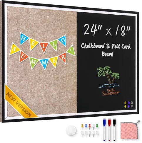 Magnetic Chalkboard Felt Bulletin Board Combination, 24"x18" Large Blackboard & Felt Cork Board Combo, Self-Adhesive Push Pins Vision Board for Home, School and Office in Saudi Arabia