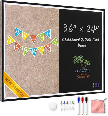 Magnetic Chalkboard Felt Bulletin Board Combination, 24"x18" Large Blackboard & Felt Cork Board Combo, Self-Adhesive Push Pins Vision Board for Home, School and Office in Saudi Arabia